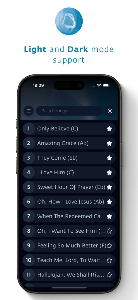 Smartphone screen showing the Only Believe app hymn list in dark mode