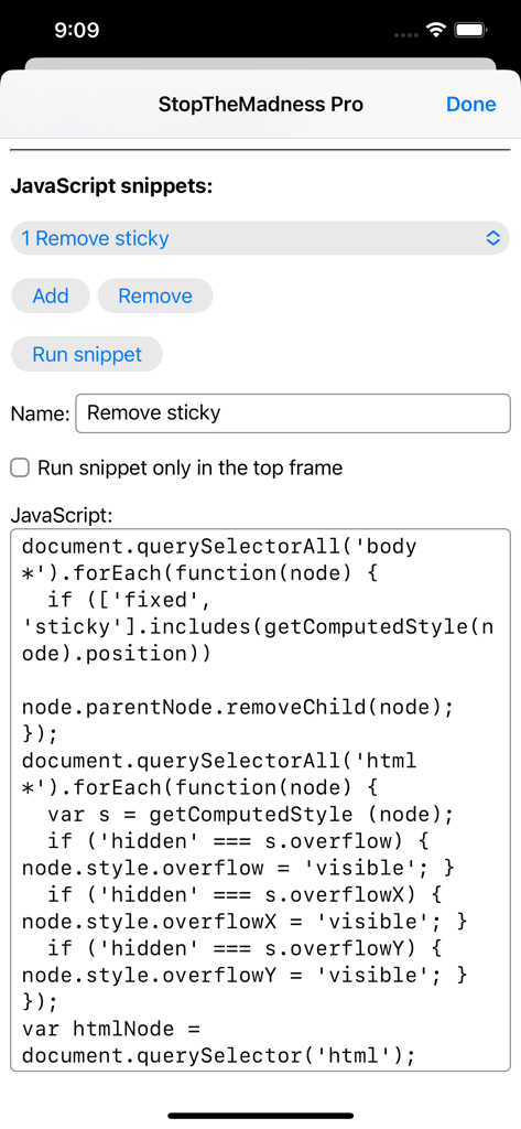 StopTheMadness Pro interface for managing and running custom JavaScript snippets