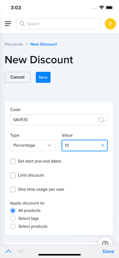 Lightfunnels - Lightfunnels App-Oberfläche zur Erstellung eines neuen E-Commerce-Rabattcodes mit Prozentangabe und Produktauswahl