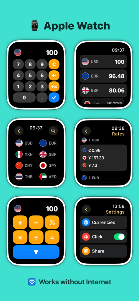 Currency Converter Neo Offline - Currency Converter Neo app interface on Apple Watch showing currency conversion rates and calculator features
