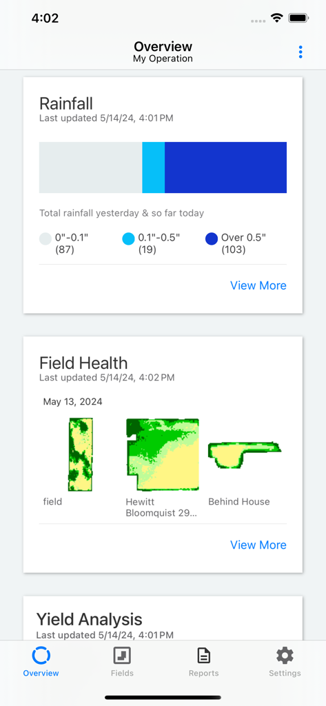 Climate FieldView™ - Una vista del panel de la aplicación Climate FieldView que muestra datos de lluvia y mapas de salud de campos para diferentes parcelas agrícolas.