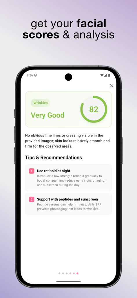 Glam AI – Start Your Glowup - A facial score and analysis screen in the Glam AI app showing a wrinkle score of 82 with skincare tips