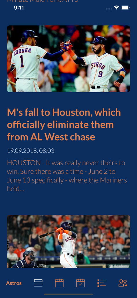 Go Sports News - Captura de pantalla de la aplicación Go Sports News mostrando un artículo de noticias de béisbol sobre los Houston Astros