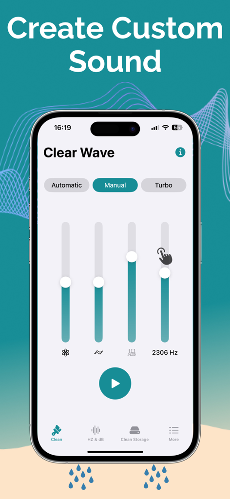 Clear Wave app manual frequency sliders for water ejection and sound testing