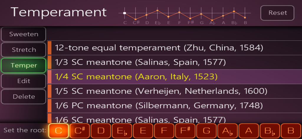 Airyware Tuner app interface showing a list of historical musical temperament settings and tuning options