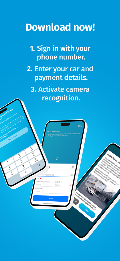 Moovy, Finnish parking app - Moovy駐車アプリの簡単な3ステップ登録プロセスを表示する3つのスマートフォン画面