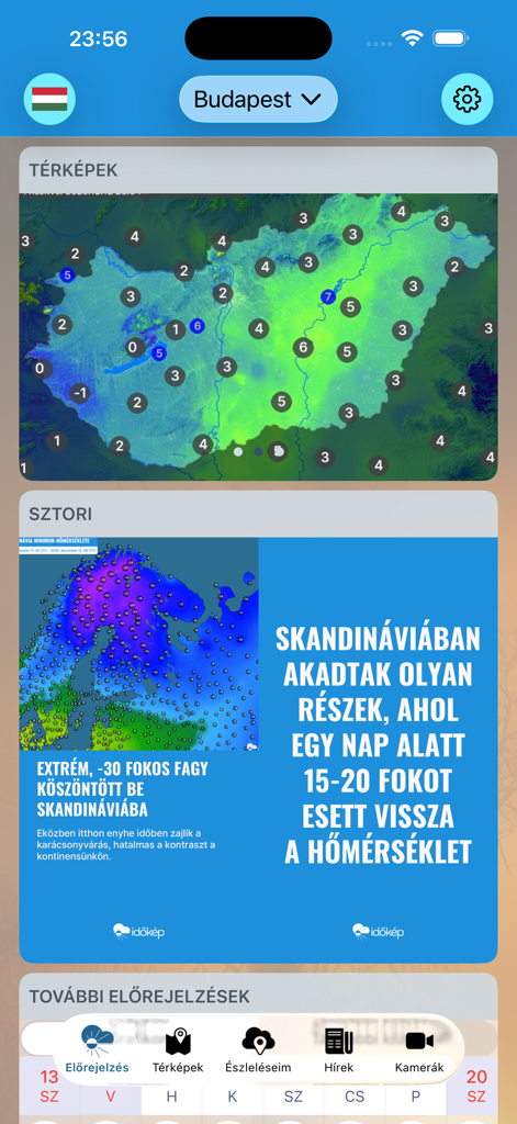 Időkép - Captura de pantalla de la aplicación meteorológica Idokep mostrando un mapa de temperatura de Hungría y noticias meteorológicas.