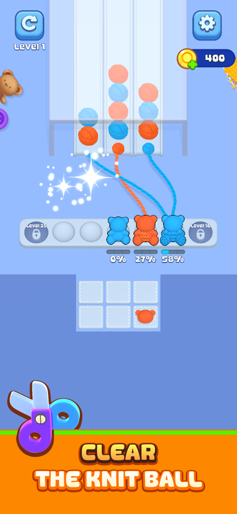 Knit Craze: Color Wool Sort - A gameplay screen of Knit Craze showing blue and orange yarn balls being sorted into bear shaped containers