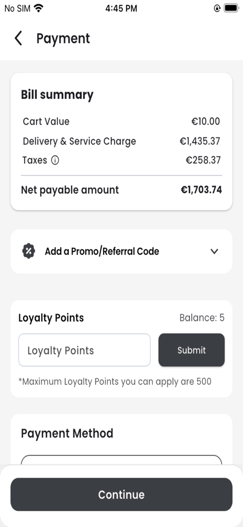 Buzz MT - Buzz MT app checkout screen showing the bill summary with cart value and delivery charges