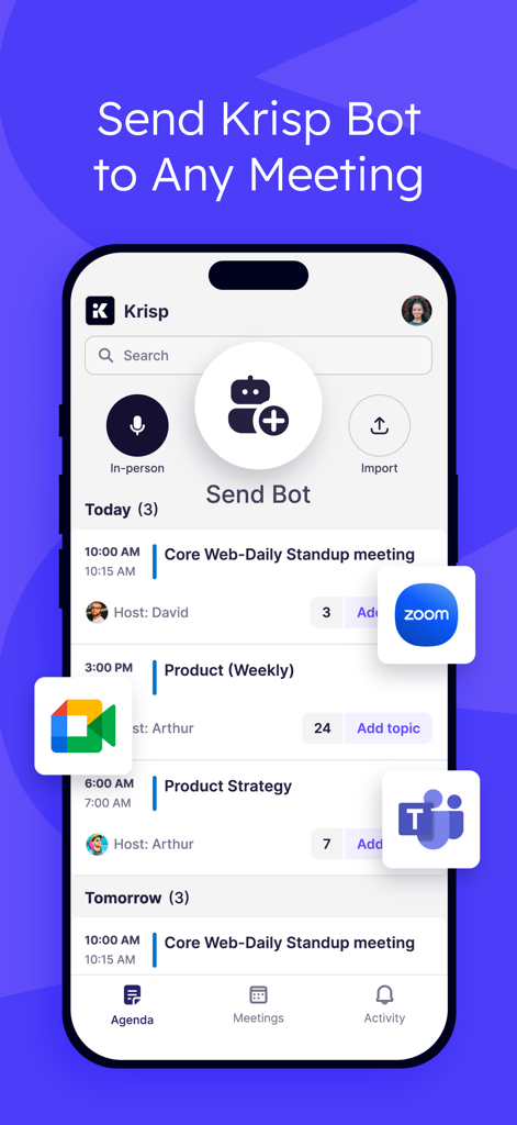 Krisp AI Meeting Note Taker - Krisp AI Meeting Note Taker app interface showing how to send an AI bot to virtual meetings on Zoom, Google Meet, and Microsoft Teams.