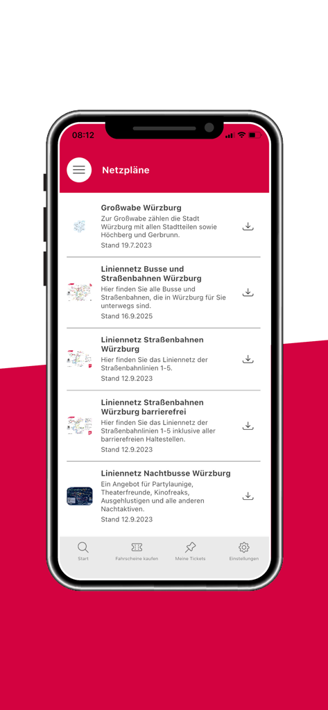 WVVmobil - WVVmobil App-Bildschirm mit einer Liste herunterladbarer Netzpläne des öffentlichen Nahverkehrs für Würzburg, einschließlich Bus- und Straßenbahnlinien.