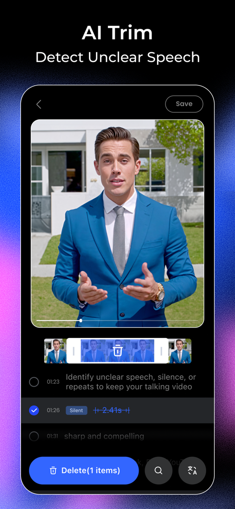 Vmake: AI Talking Video Editor - Interfaz de la aplicación Vmake mostrando la función de Recorte IA detectando y eliminando silencios de un video profesional de cabeza parlante.