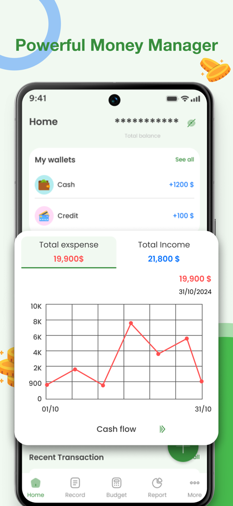 Coiny budget tracker app home screen showing wallet balances and a line graph of monthly cash flow