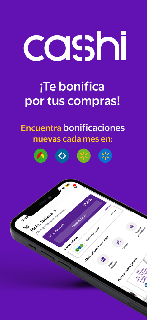 Cashi app screen showing shopping rewards and digital wallet interface