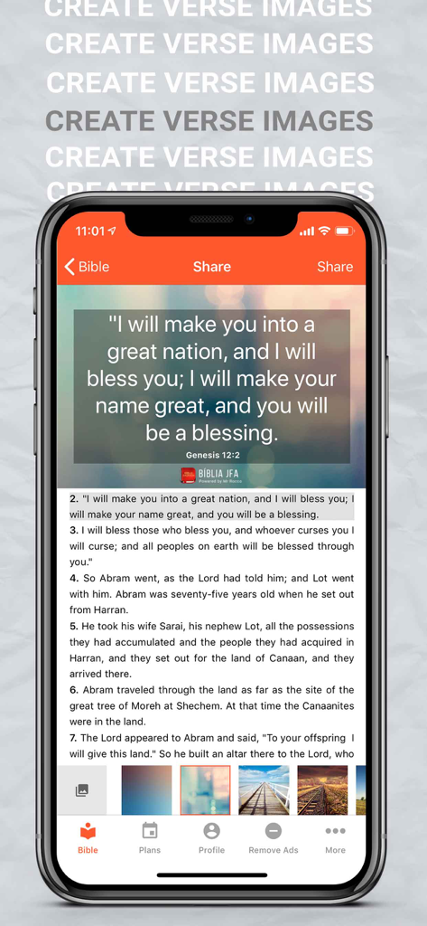 Bible Reina Valera - A smartphone displaying the Bible Reina Valera app interface for creating and sharing custom biblical verse images.
