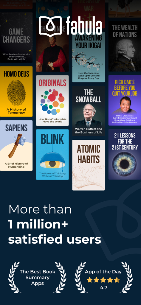 Fabula app promotion showing popular book summaries and over one million satisfied users
