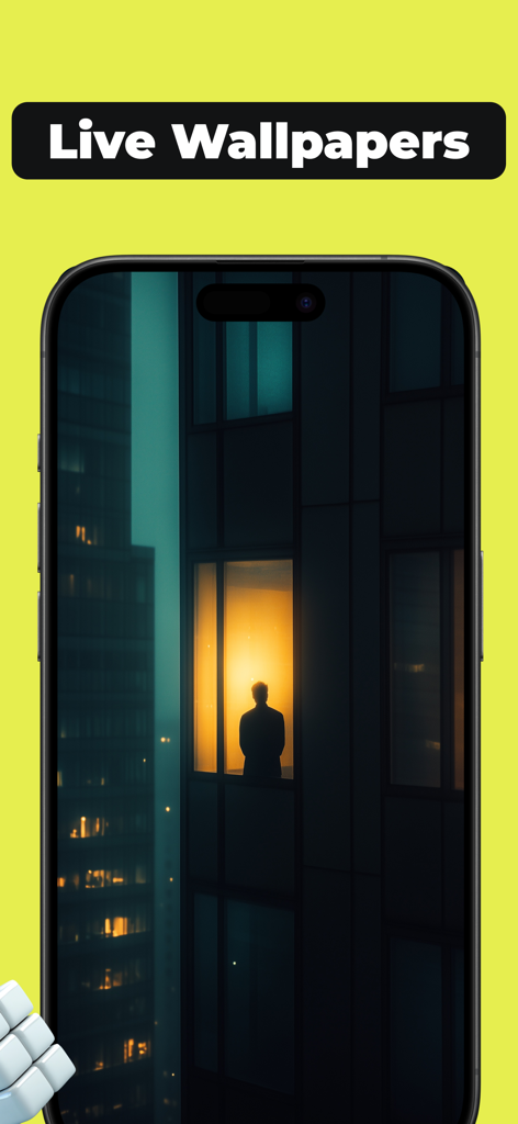 Live Wallpaper & 4K - WallPix - iPhone mostrando un fondo de pantalla en vivo de una silueta en la ventana de un edificio de la ciudad