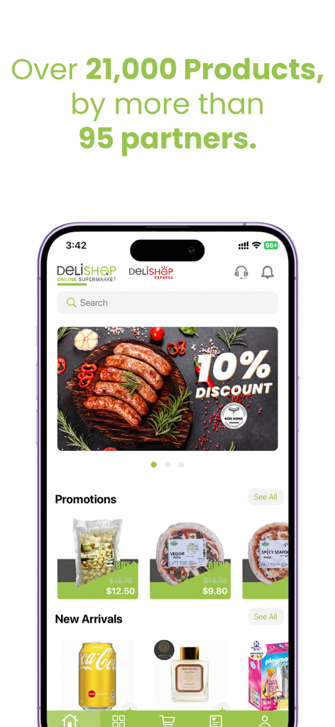 Écran d'accueil de l'application Delishop Asia montrant des produits d'épicerie et une bannière de réduction de 10 pour cent