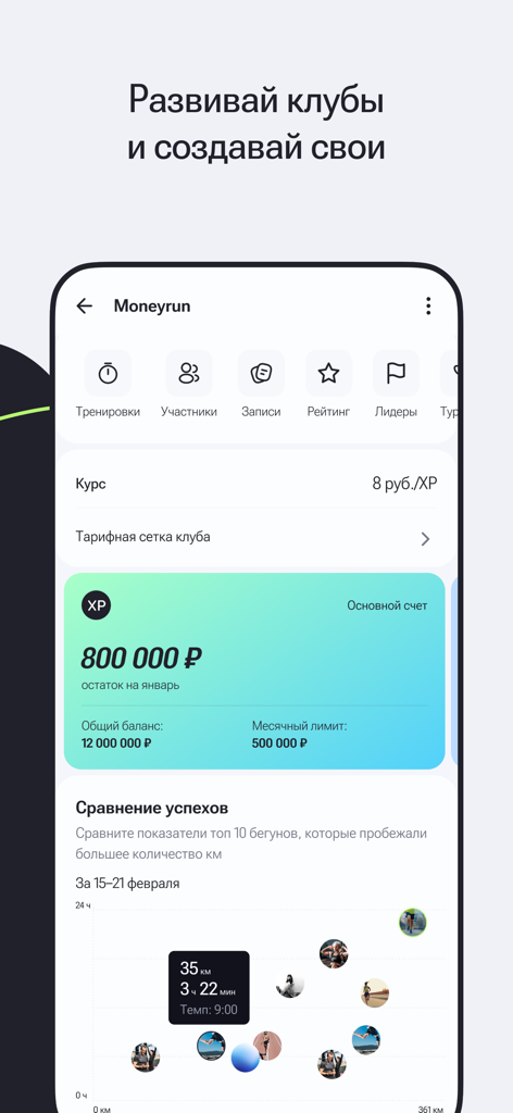 Pantalla del panel del club de la aplicación móvil Moneyrun que muestra estadísticas del club y el saldo de ganancias por correr.