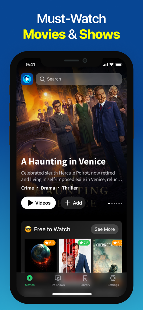 Xciptv - Interface de l'application XCIPTV affichant des films et séries TV incontournables avec une barre de recherche et une section gratuite à regarder
