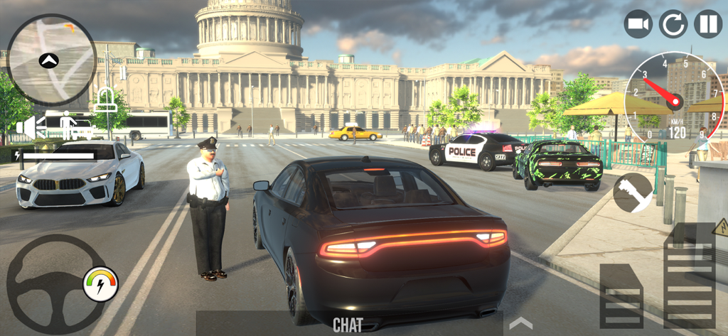 Police Simulator Cop Car Games - A police officer standing next to a black car on a city street with the US Capitol building in the background.