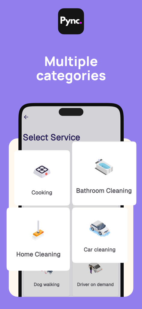 Pync app screen showing multiple service categories like cooking, cleaning, and car care.