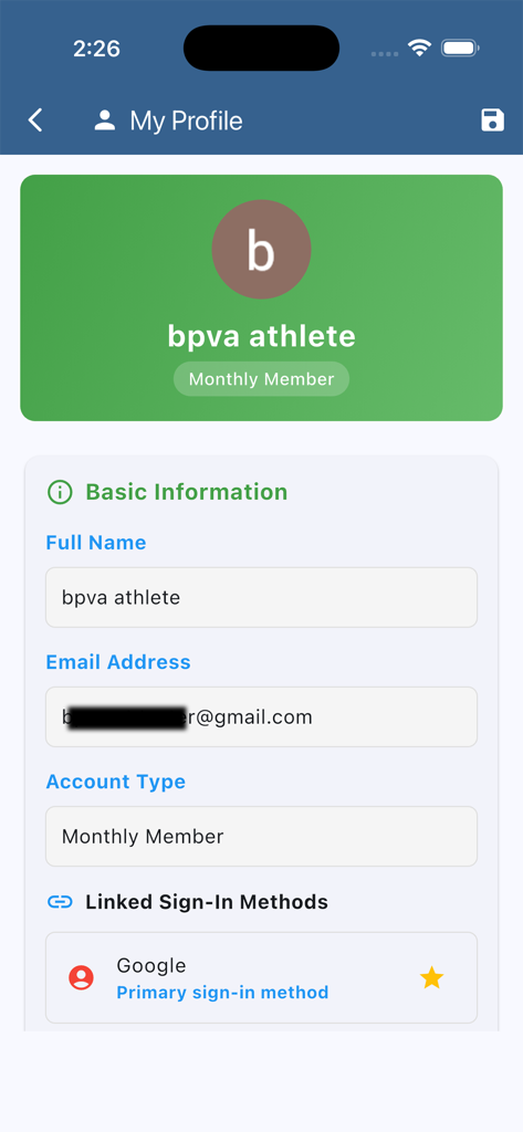 Athlete profile screen in the BPVA Calendar app showing membership details and account information