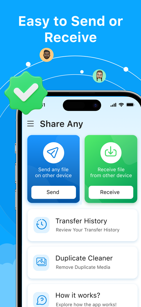 ShareAny: Smart File Sharing - Interfaz de usuario de la aplicación ShareAny en un smartphone con botones grandes para enviar y recibir archivos entre diferentes dispositivos