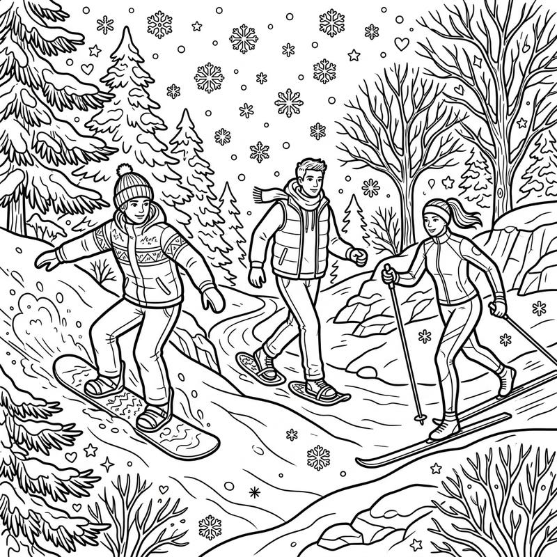 Get ready for a dynamic winter sports scene perfect for teens! This engaging coloring page features friends enjoying snowboarding, snowshoeing, and skiing amidst a snowy wonderland.