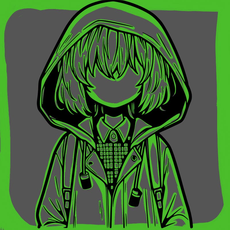 little anime girl in a raincoat her hair is covering her eyes she has a lighter