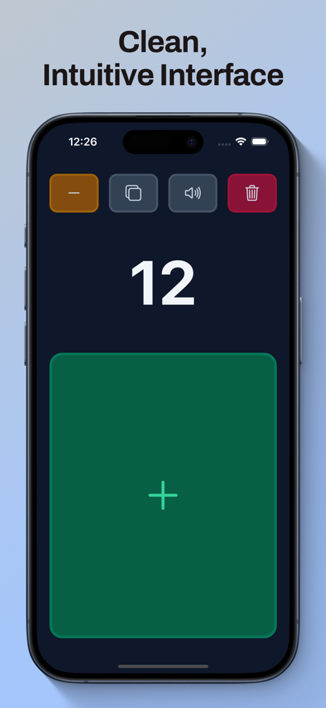 Tally Counter Click! - Clean and intuitive interface of Tally Counter Click app with a large number display and a green add button