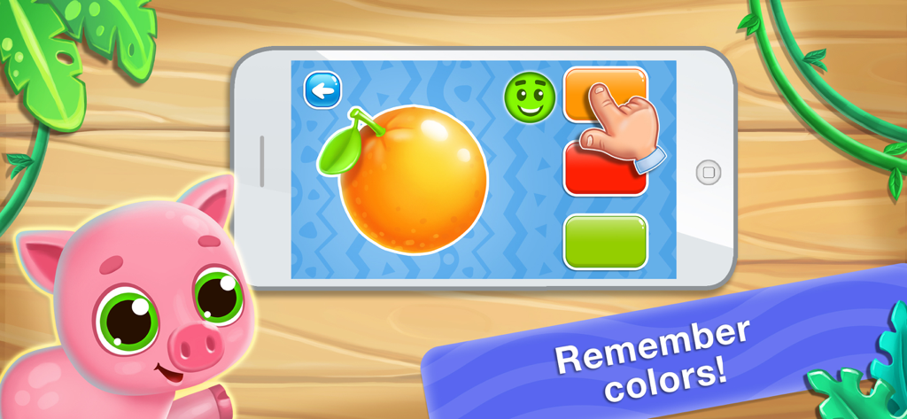 Games for learning colors 2 &4 - Interfaz de juego educativo que muestra a un niño emparejando una naranja con el color naranja en la pantalla de un smartphone