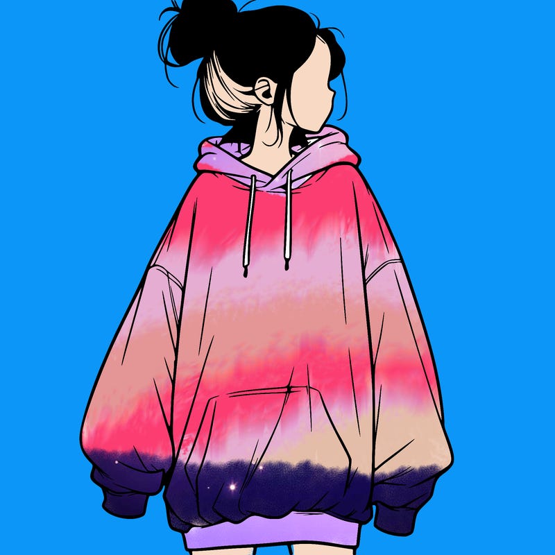realistic girl with a oversized sweatshirt on and a bun