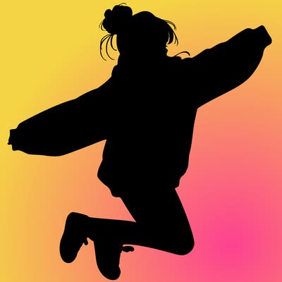 realistic girl jumping with a bun and oversized sweatshirt