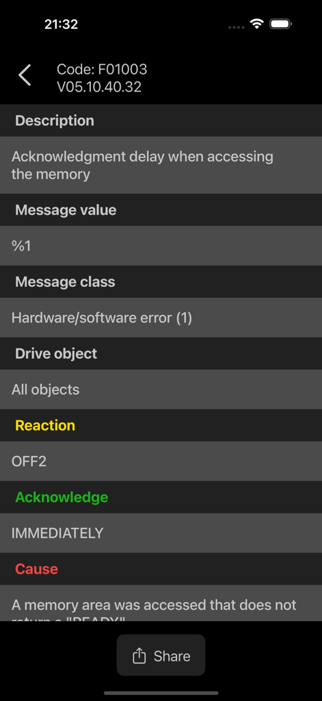 SINAMICS Fault Finder - Technical details and cause for Siemens SINAMICS fault code F01003 displayed in the app