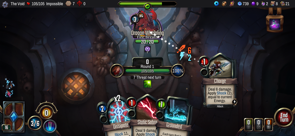 Vault of the Void - Tactical card battle in Vault of the Void against a Dragon Whelpling enemy showing player cards and health stats