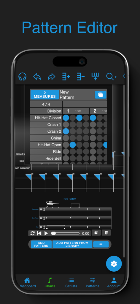 Drum Chart Builder - Interfaz del editor de patrones de la aplicación Drum Chart Builder con un pentagrama de batería y notación