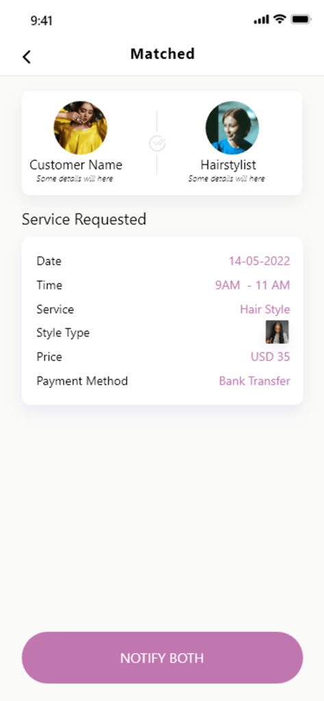 Labelle Braids - ヘアサービスの予約詳細と共に、マッチしたヘアスタイリストと顧客が表示されている画像