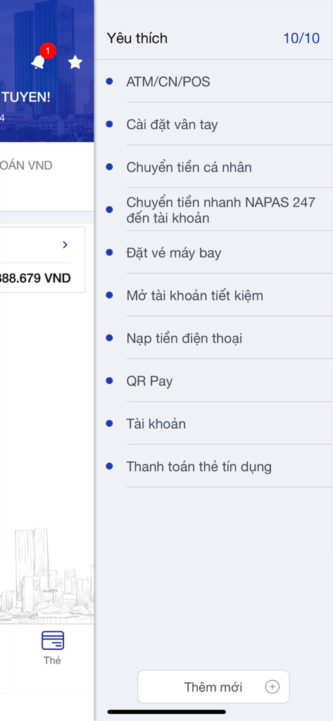 SCB Mobile Banking - A list of favorite services in the SCB Mobile Banking app menu including money transfer and flight booking.