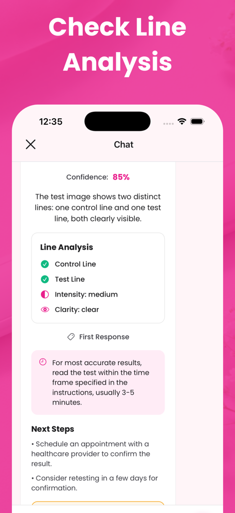 Pregnancy Test Scanner: Nuva - AI analysis of a pregnancy test displaying line detection results and confidence score