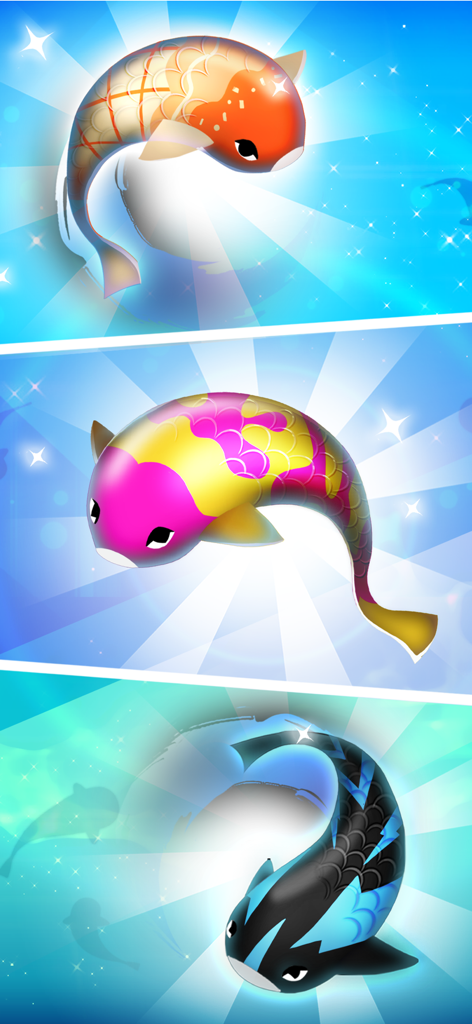 Uma exibição vertical de três padrões diferentes de peixes carpa vibrantes e brilhantes