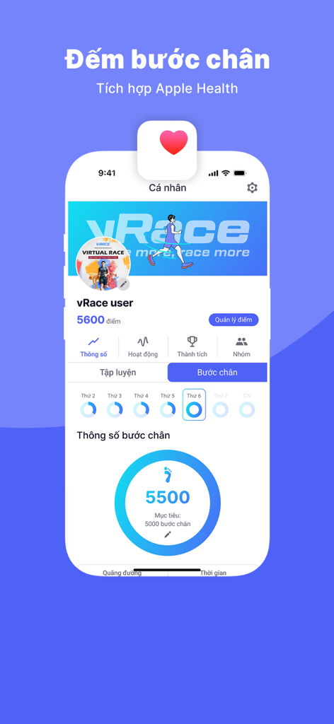 vRace mobile app interface showing step counter with Apple Health integration