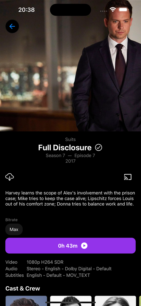 Visualizzazione mobile dell'app Streamyfin che mostra dettagli tecnici dei media e opzioni di riproduzione per un episodio di serie TV