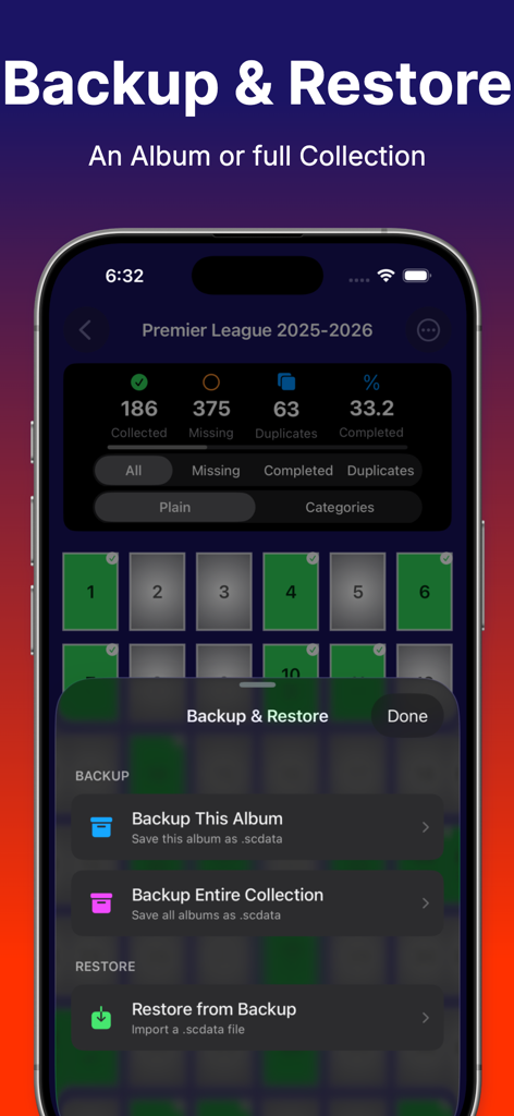 Sticker Collector 26 - Menú de copia de seguridad y restauración para la colección de álbumes de cromos
