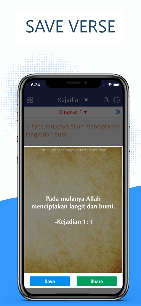 Alkitab Bible (Indonesian) - Alkitab Bible app interface showing the Indonesian verse image creator with save and share options.