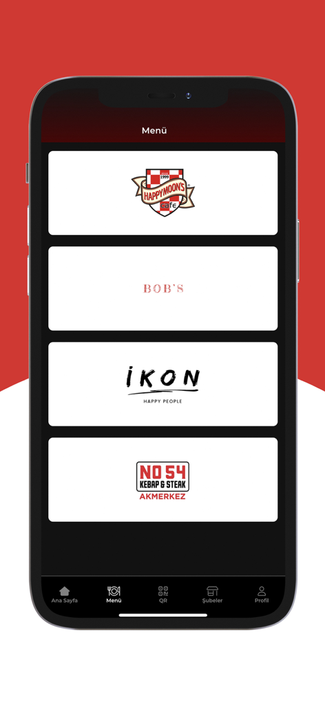Happy Group - Happy Group app screen showing multiple restaurant brand options including Happy Moons Cafe and Bob's