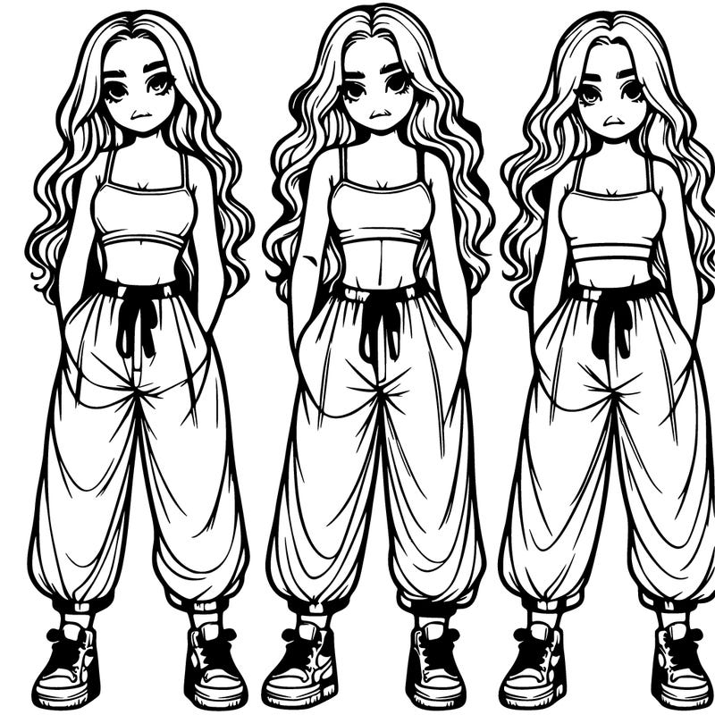 realistic triplet girls in crop top and baggy pants