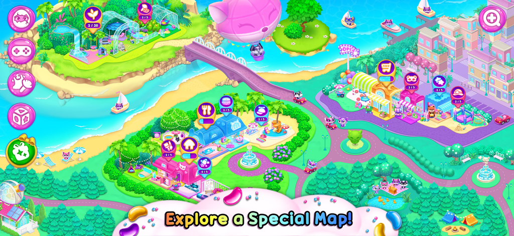 A colorful overhead view of the Fluvsies game world map showing various islands and activity zones.