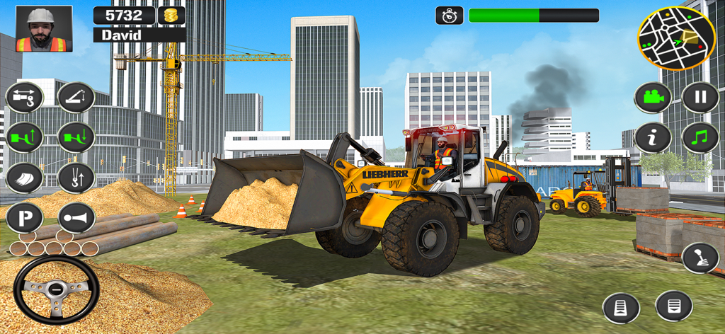 Excavator Construction Game 3d - Cargador frontal Liebherr amarillo transportando arena en una simulación de construcción con edificios urbanos