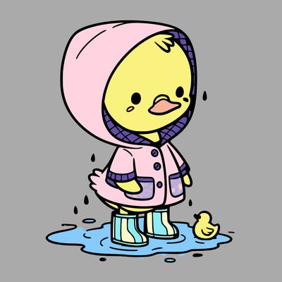 baby duck in a rain coat and boots, in a puddle while it’s raining
